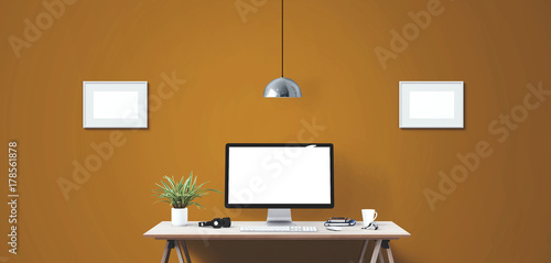 Wallpaper Mural Computer display and office tools on desk. Desktop computer screen isolated. Front view. Torontodigital.ca