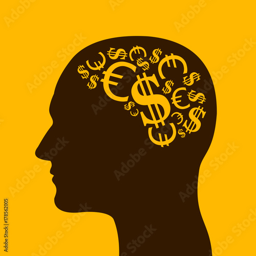 Economist, banker, investor or greed person - man is thinking about money, wealth and finance. Vector illustration of head. Symbol of euro and US dollar instead brain.
