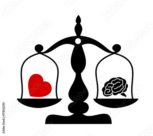 Balance between irrational love, emotions, feelings, heart and rational reason, brain. Rationality and rationalism against irrationality and irrationalism. Vector illustration of weight with symbol