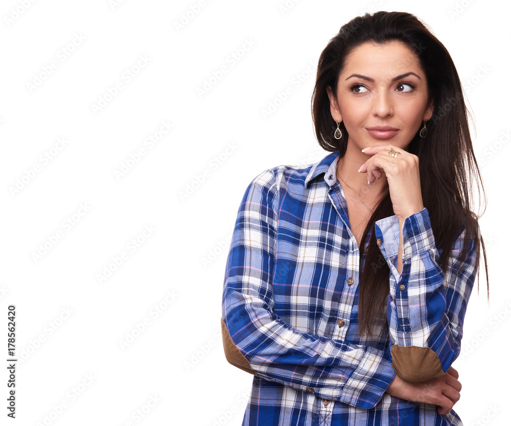 smiling trendy casual woman thinking. Isolated smiling trendy casual woman thinking. Isolated
