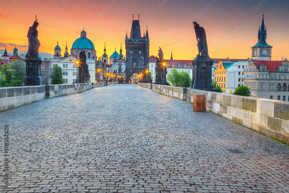 Amazing medieval stone Charles bridge with statues, Prague, Czech Republic