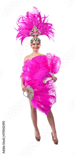 Canvas Print Beautiful Girl in carnival costume, isolated on white background.