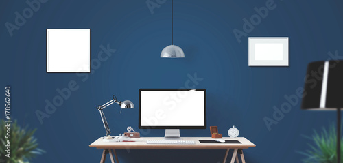 Computer display and office tools on desk. Desktop computer screen isolated.