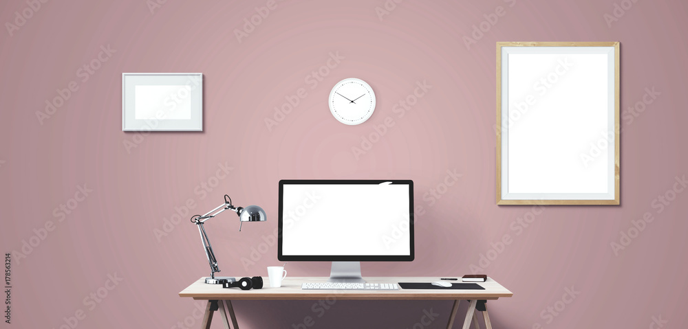 Computer display and office tools on desk. Desktop computer screen isolated. Modern creative workspace background. Front view. Computer display and office tools on desk. Desktop computer screen isolated. Modern creative workspace background. Front view.