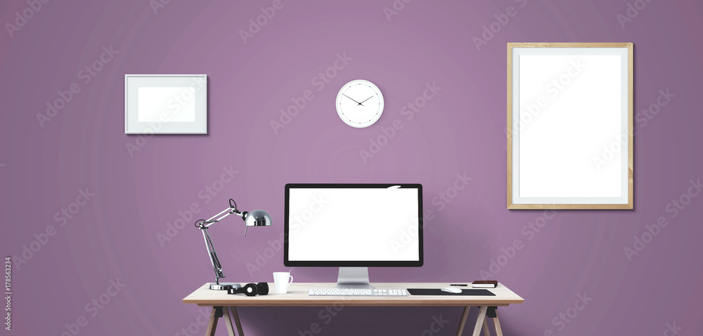 Computer display and office tools on desk. Desktop computer screen isolated. Modern creative workspace. Front view. Computer display and office tools on desk. Desktop computer screen isolated. Modern creative workspace. Front view.