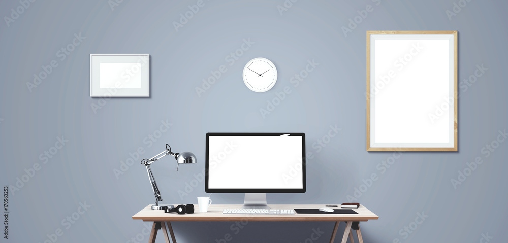 Computer display and office tools on desk. Desktop computer screen isolated. Modern creative workspace background. Front view. Computer display and office tools on desk. Desktop computer screen isolated. Modern creative workspace background. Front view.