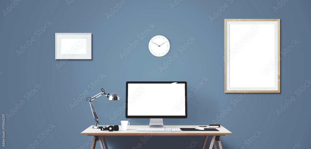Computer display and office tools on desk. Desktop computer screen isolated. Modern creative workspace background. Front view. Computer display and office tools on desk. Desktop computer screen isolated. Modern creative workspace background. Front view.