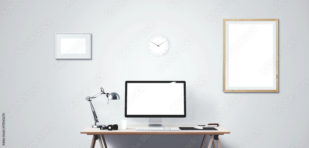 Computer display and office tools on desk. Desktop computer screen isolated. Modern creative workspace background. Front view. Computer display and office tools on desk. Desktop computer screen isolated. Modern creative workspace background. Front view.