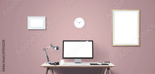 Wallpaper Mural Computer display and office tools on desk. Desktop computer screen isolated. Modern creative workspace background. Front view. Torontodigital.ca