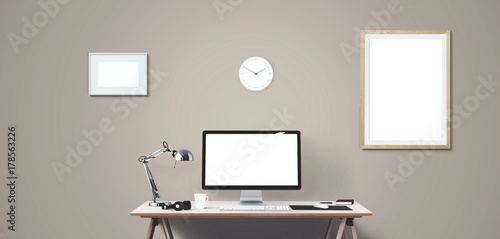 Wallpaper Mural Computer display and office tools on desk. Desktop computer screen isolated. Modern creative workspace. Front view. Torontodigital.ca