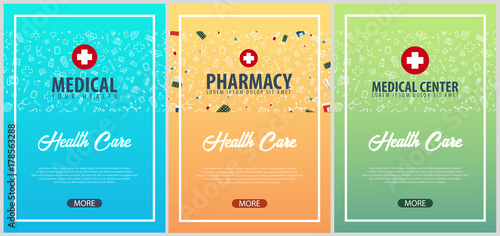 Set of Medical posters. Medical background. Health care. Vector medicine illustration.