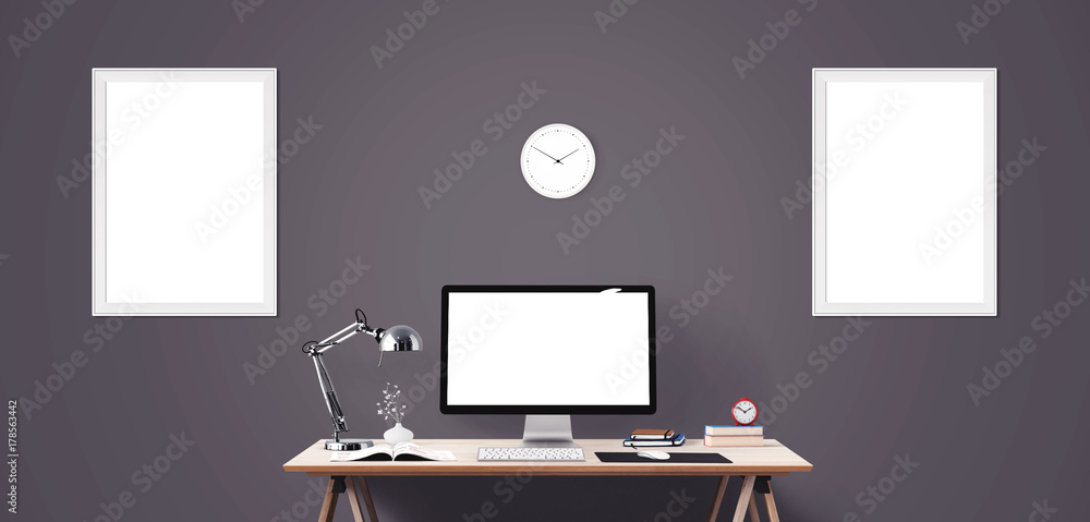 Computer display and office tools on desk. Desktop computer screen isolated. Modern creative workspace background. Front view. Computer display and office tools on desk. Desktop computer screen isolated. Modern creative workspace background. Front view.