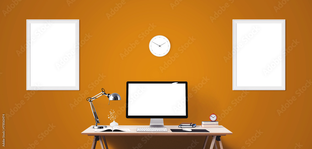 Mockup Scene CreComputer display and office tools on desk. Desktop computer screen isolated. Modern creative workspace background. Front view.ator Mockup Scene CreComputer display and office tools on desk. Desktop computer screen isolated. Modern creative workspace background. Front view.ator