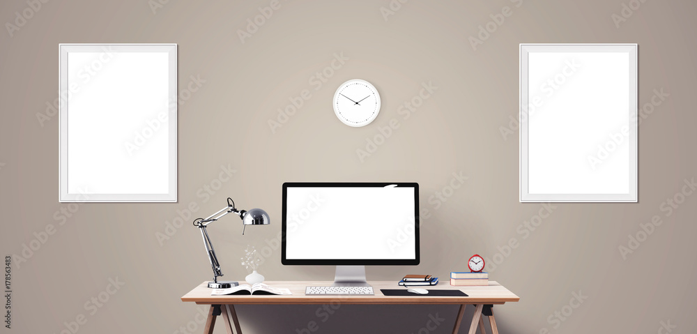 Computer display and office tools on desk. Desktop computer screen isolated. Modern creative workspace background. Front view. Computer display and office tools on desk. Desktop computer screen isolated. Modern creative workspace background. Front view.