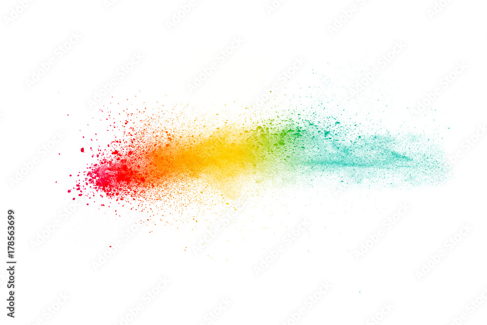 multicolored powder splatted on white background.