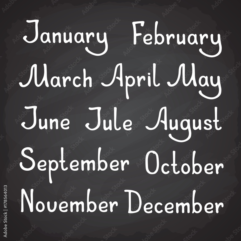 Vector illustration. Hand drawn lettering lettering of calendar months as January, February, March, May, July, August, October and December. Year seasons almanac Vector illustration. Hand drawn lettering lettering of calendar months as January, February, March, May, July, August, October and December. Year seasons almanac