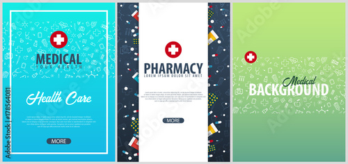 Set of Medical posters. Medical care. Health care. Vector medicine illustration.