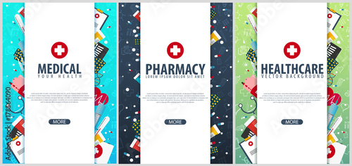 Set of Medical posters. Medical care. Health care. Vector medicine illustration.