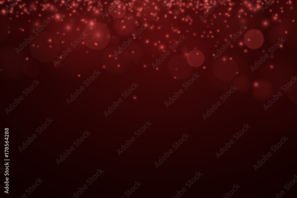 Romantic dark red background. Red shine. Glare bokeh. Glowing particles. Celebratory background. Abstract light background. Vector