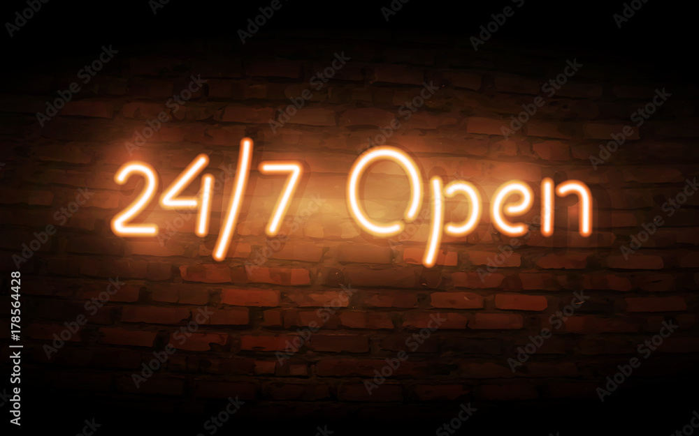 Neon Open 24/7 sign on brick wall background. Neon Open 24/7 sign on brick wall background.