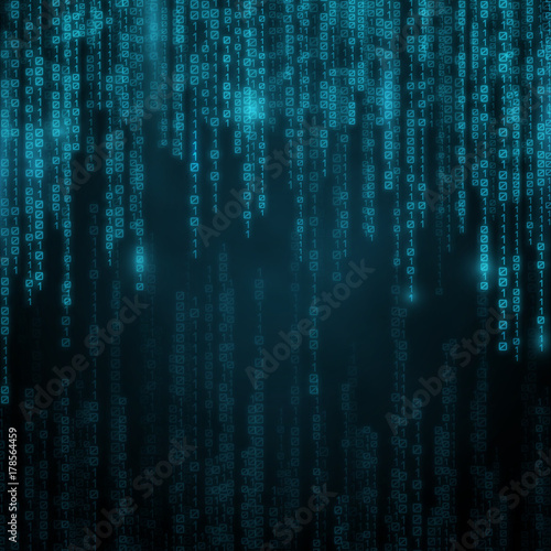 Falling blue numbers with bright flashes. Abstract technology Background in matrix style.