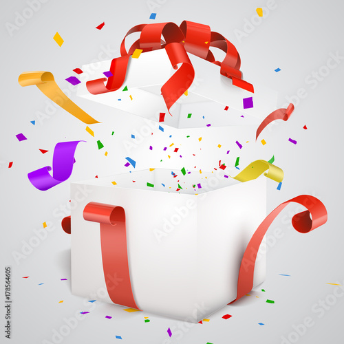 Open Red Gift Box and Confetti and streamers.