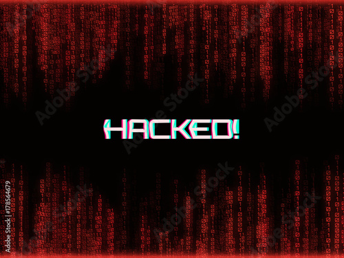 Abstract digital background with  red color of binary code and "hacked" word with glitch effect