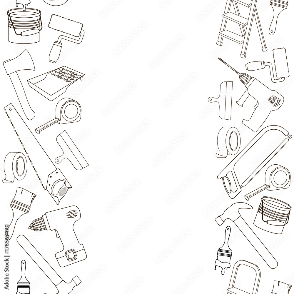Seamless vertical borders of building repair tools, line cartoon