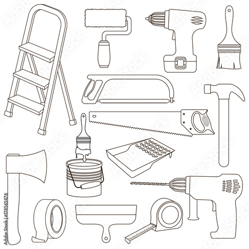 Set of building repair tools, line cartoon illustration of repair tools. Vector