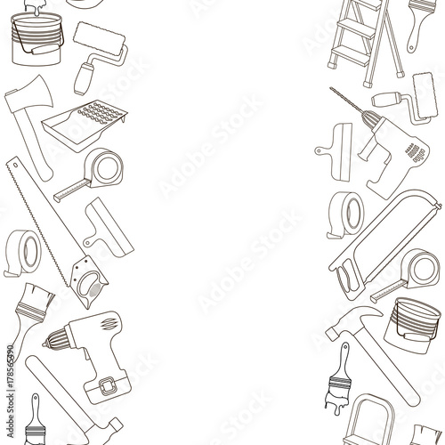 Seamless vertical borders of building repair tools, line cartoon illustration of repair tools. Vector