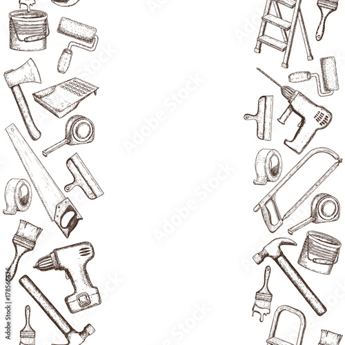 Seamless vertical borders of building repair tools, sketch illustration of repair tool. Vector