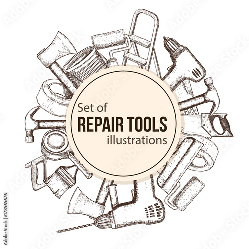 Set of building repair tools, sketch illustration of repair tool. Vector