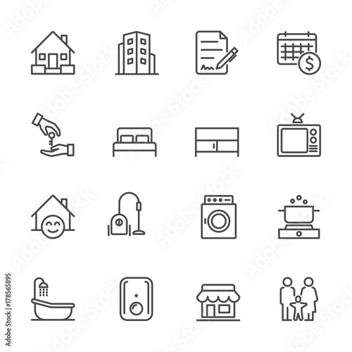 Hotel and Service Apartment, House and Property for rent, Simple thin line hotel icons set, Vector icon design
