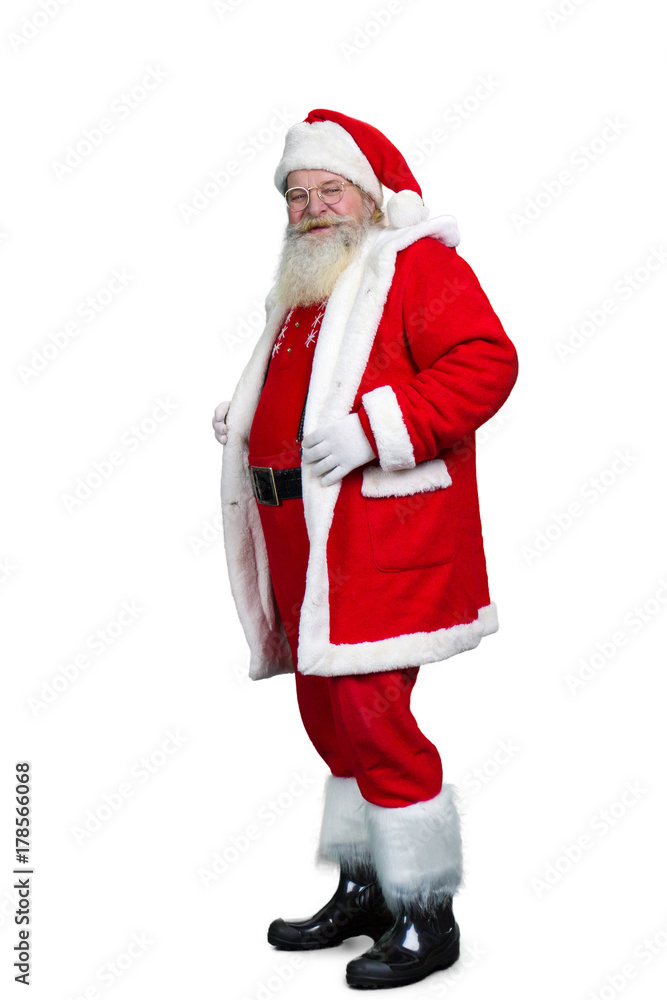 Senior Santa Claus standing on white background. Old authentic Santa Claus in eyeglasses isolated on white background, studio shot. Senior Santa Claus standing on white background. Old authentic Santa Claus in eyeglasses isolated on white background, studio shot.