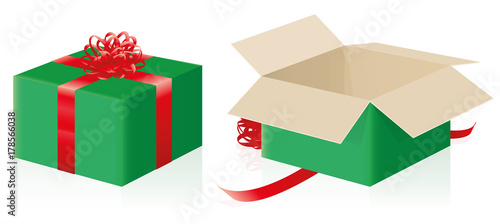 Gift package - closed, wrapped pack and opened christmas present - three-dimensional isolated vector illustration on white background.