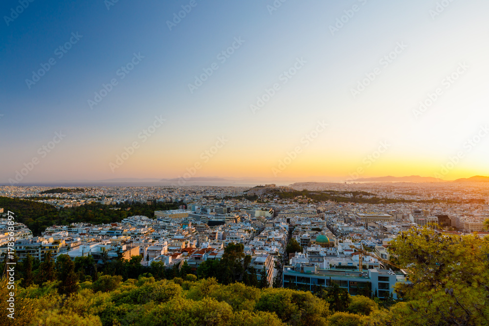 Acropolis with Parthenon at sunset, Athens, Greece, view from Lycabattus Hill