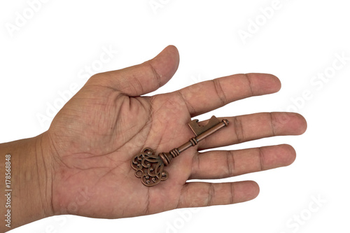 hand holding the key on white background.