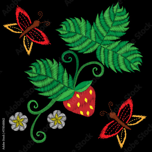 Strawberry with butterfly embroidery stitches imitation