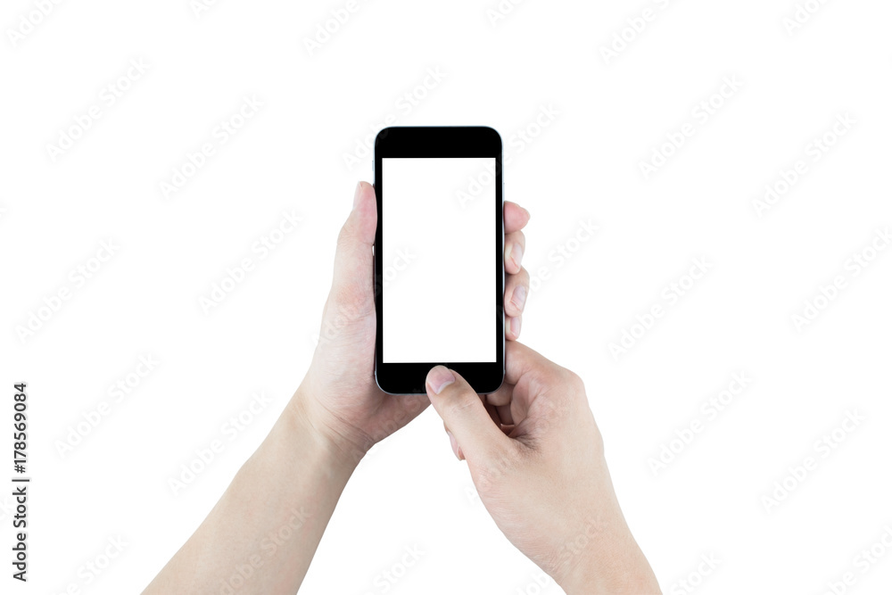 Hands are holding black smartphone, isolated on white background. Clipping path embedded. Hands are holding black smartphone, isolated on white background. Clipping path embedded.