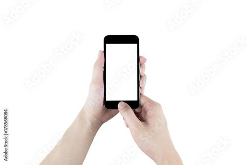 Hands are holding black smartphone, isolated on white background. Clipping path embedded.