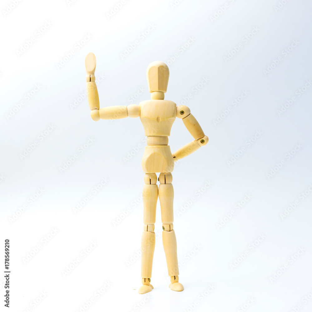 Wooden figure doll with stop or break emotion for success business concept on white background Wooden figure doll with stop or break emotion for success business concept on white background