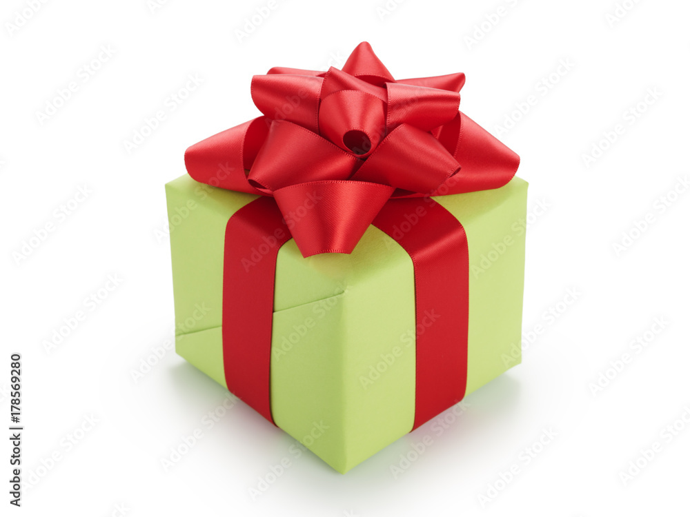 green gift box with red ribbon bow isolated on white green gift box with red ribbon bow isolated on white