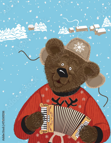 Cute furry bear in a russian winter shapka playing on accordion
