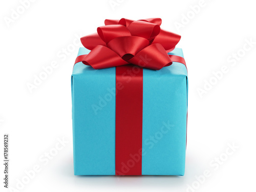blue gift box with red ribbon bow isolated on white