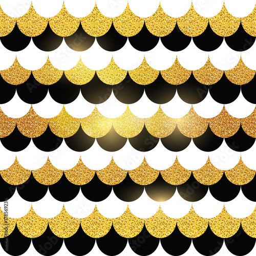 Beautiful mermaid tail, fish texture in trendy, modern colors, black and white with gold and glitters with sparkles and glow. Seamless mermaid pattern