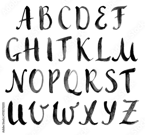 Watercolor hand drawn alphabet, capitals. Vector illustration. Brush painted letters