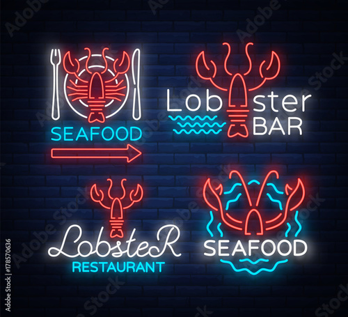 Seafood set of neon logo icons vector illustration. Lobster emblem, neon advertisement, night sign for the restaurant, cafe, bar with seafood. Glowing banner, a template for your projects