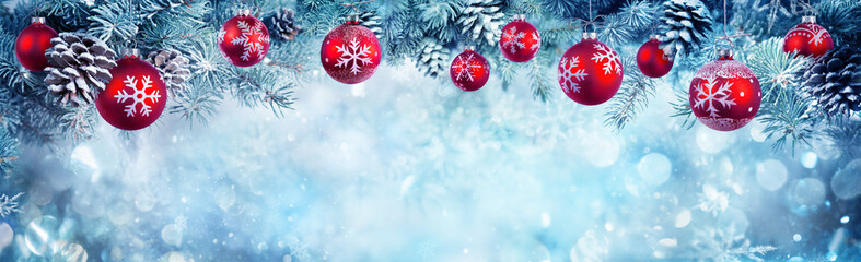 Red Baubles Hanging At Fir Branches
