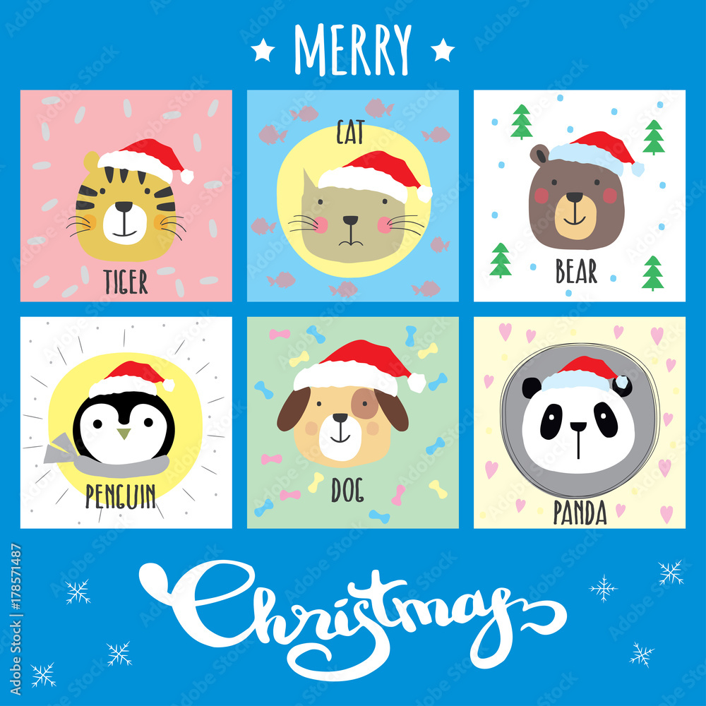 Fototapeta premium Doodle cute xmas animal cards