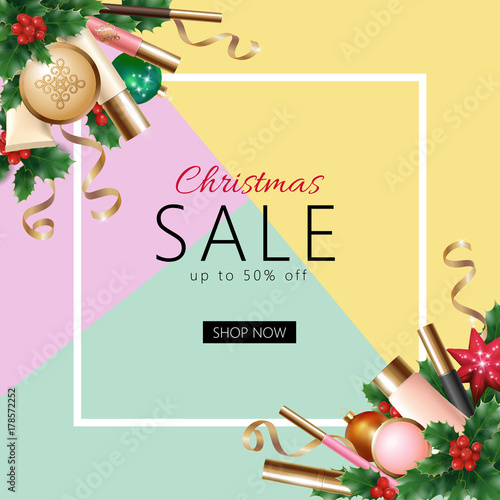 Realistic 3d Christmas holiday sale web banner template. Cosmetic makeup product ad decoration holly branches. New Year special offer square frame promotional poster vector illustration